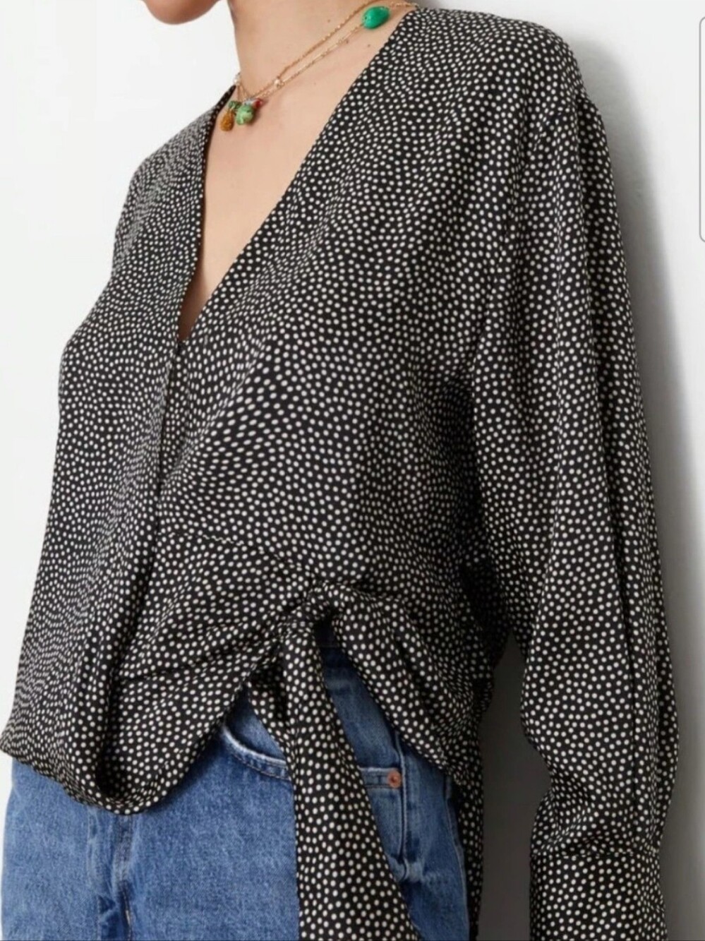 Zara Satin Polka Dot Tie-Waist Blouse Vneck Black/cream Sz Xsmall Retro Office